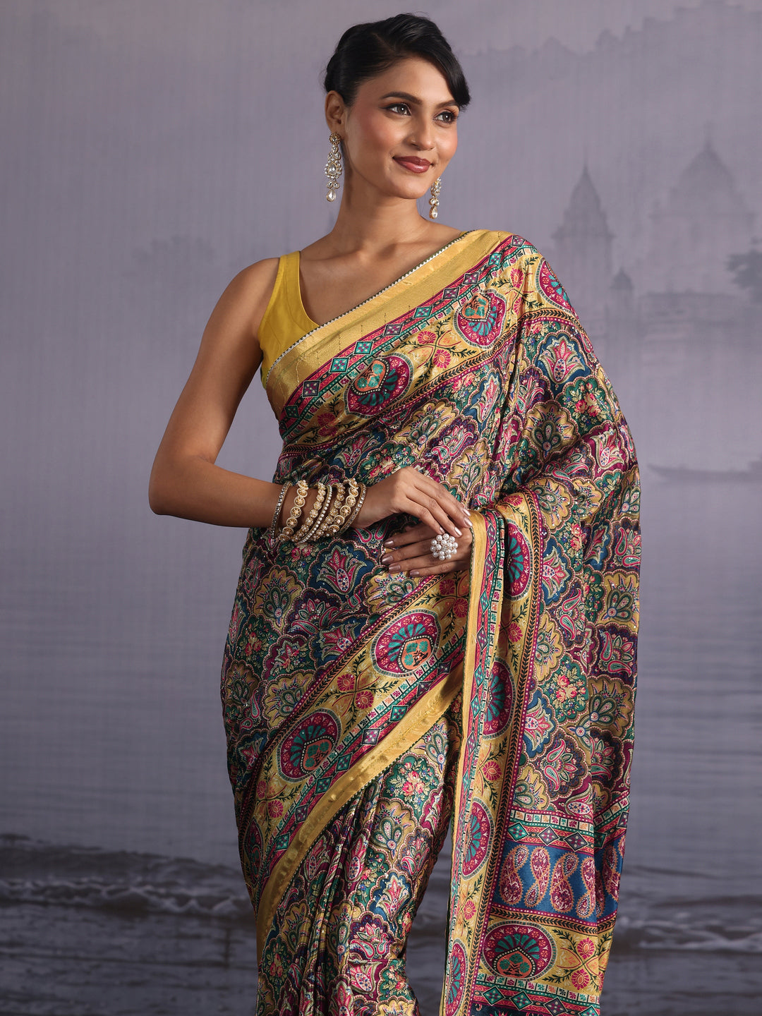  Libas Mustard Multi Print Satin Saree 
