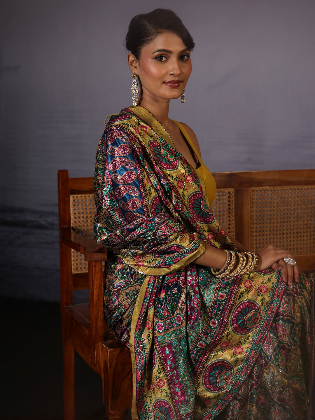  Libas Mustard Multi Print Satin Saree 