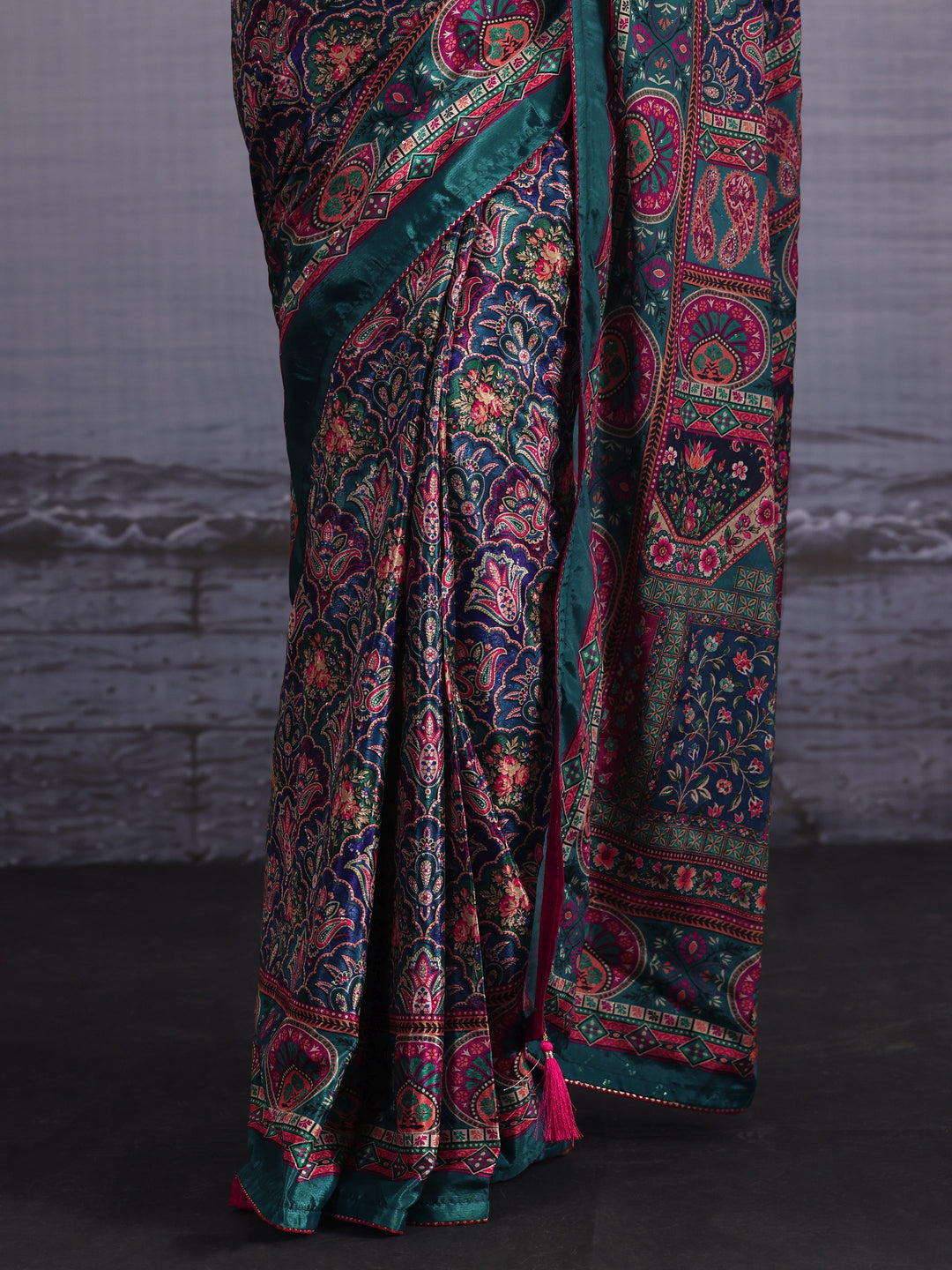  Libas Teal Blue Multi Print Satin Saree 