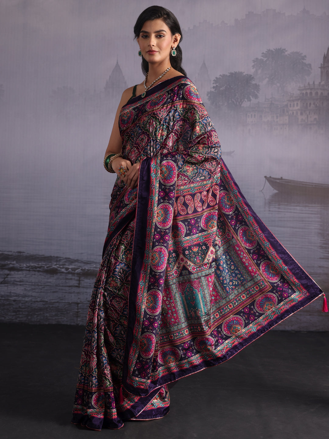  Libas Purple Multi Print Satin Saree 