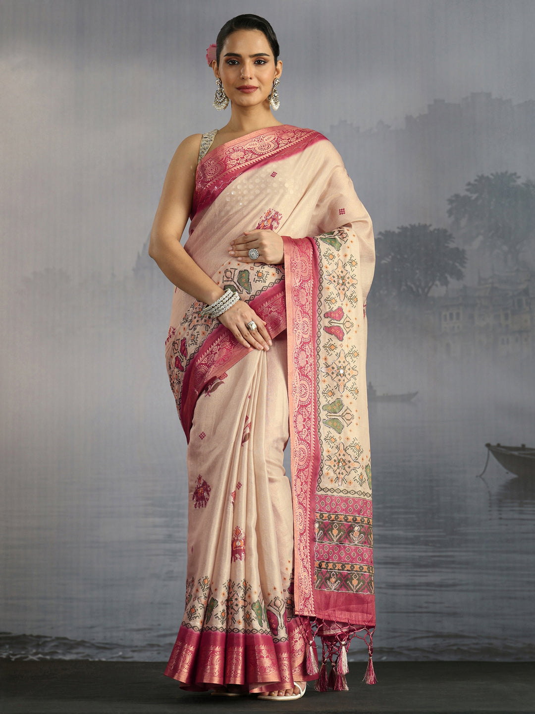  Libas Beige Patola Motif Printed Silk Blend Saree 