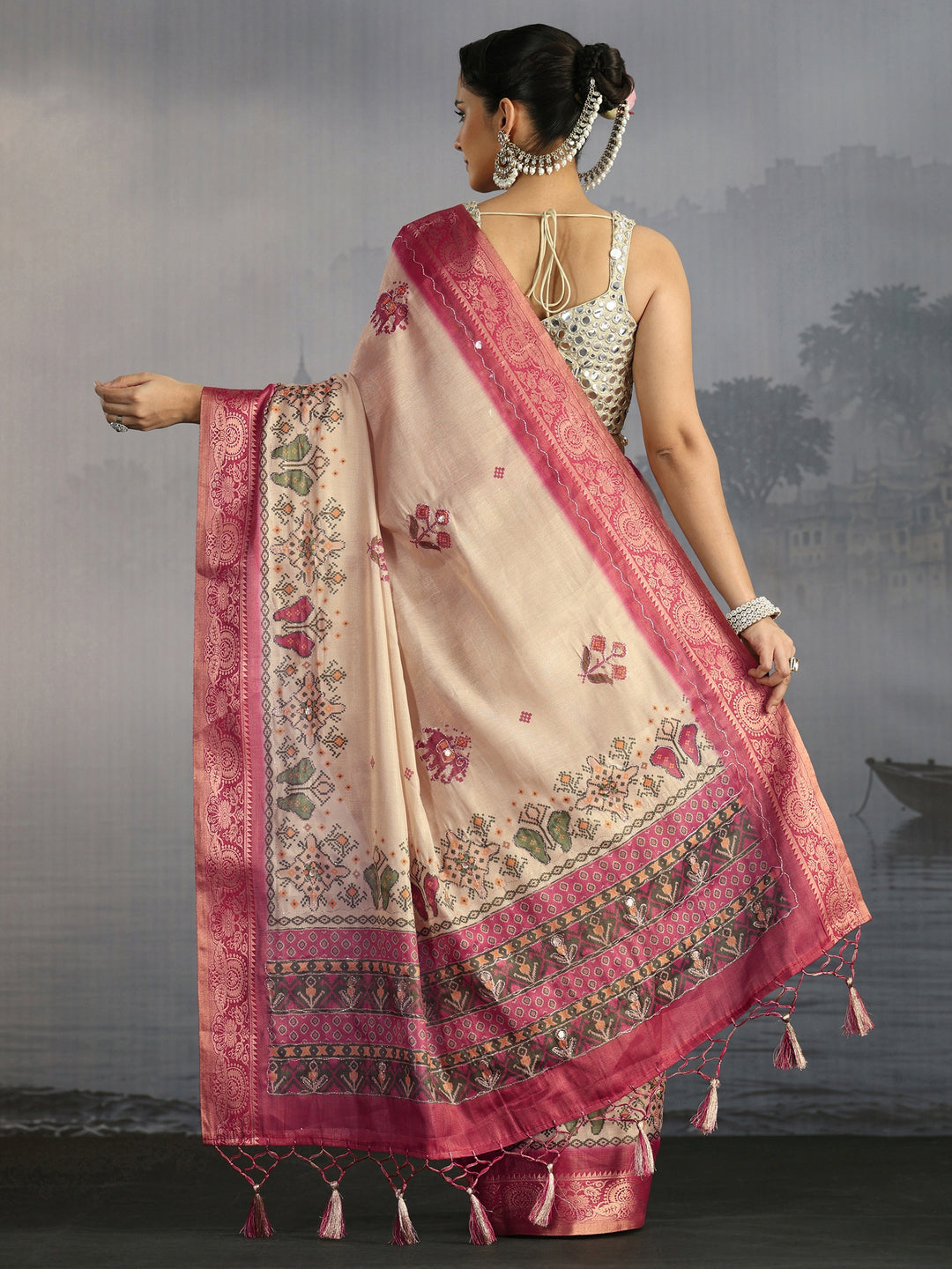  Libas Beige Patola Motif Printed Silk Blend Saree 