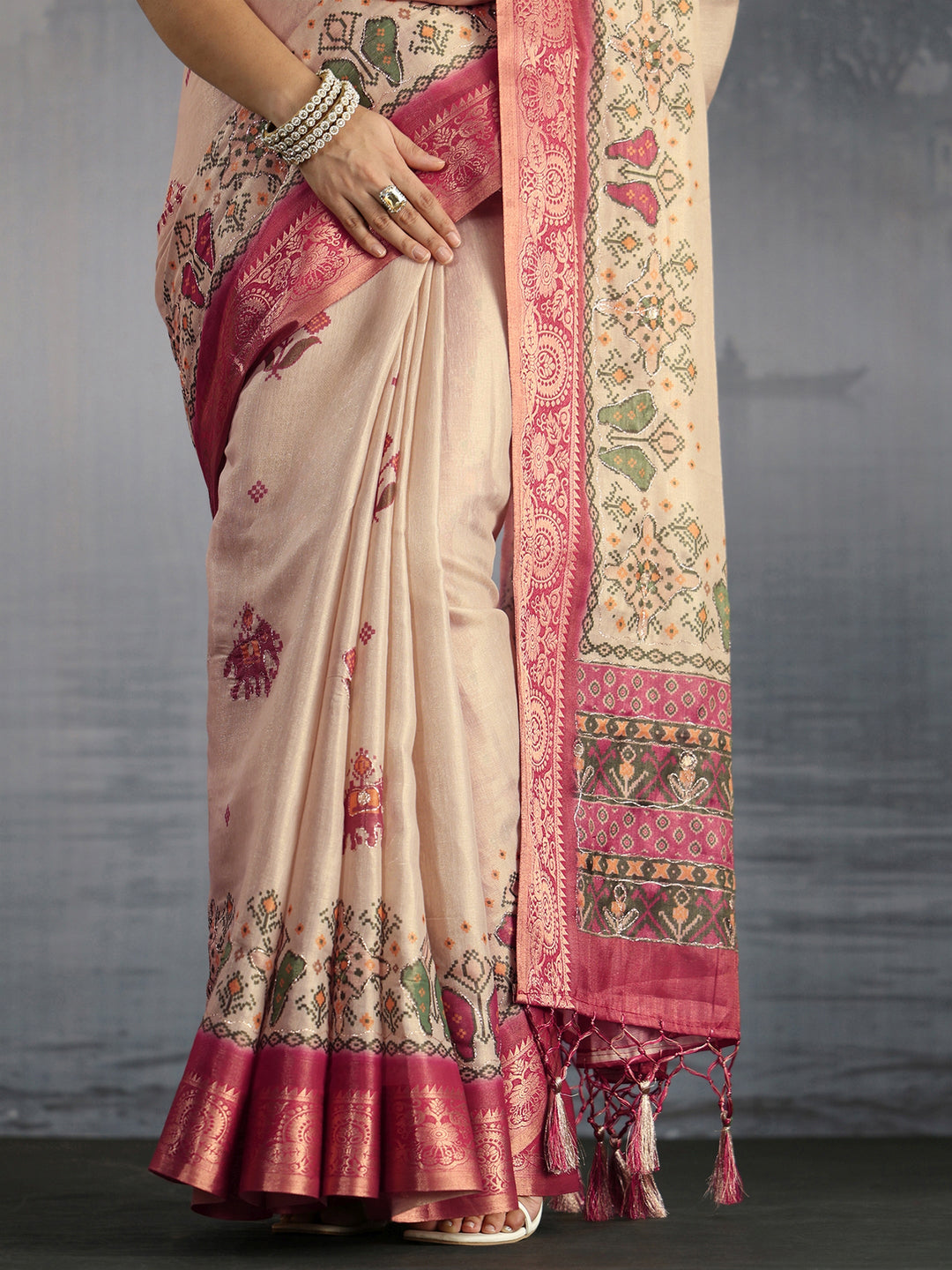  Libas Beige Patola Motif Printed Silk Blend Saree 