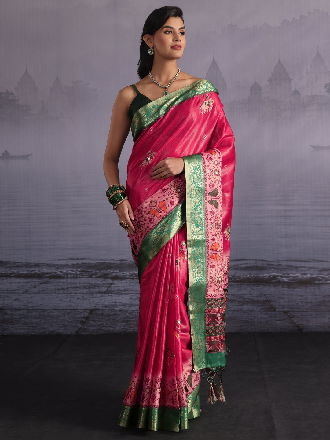  Libas Pink Patola Print Embellished Silk Blend Tassel Saree 