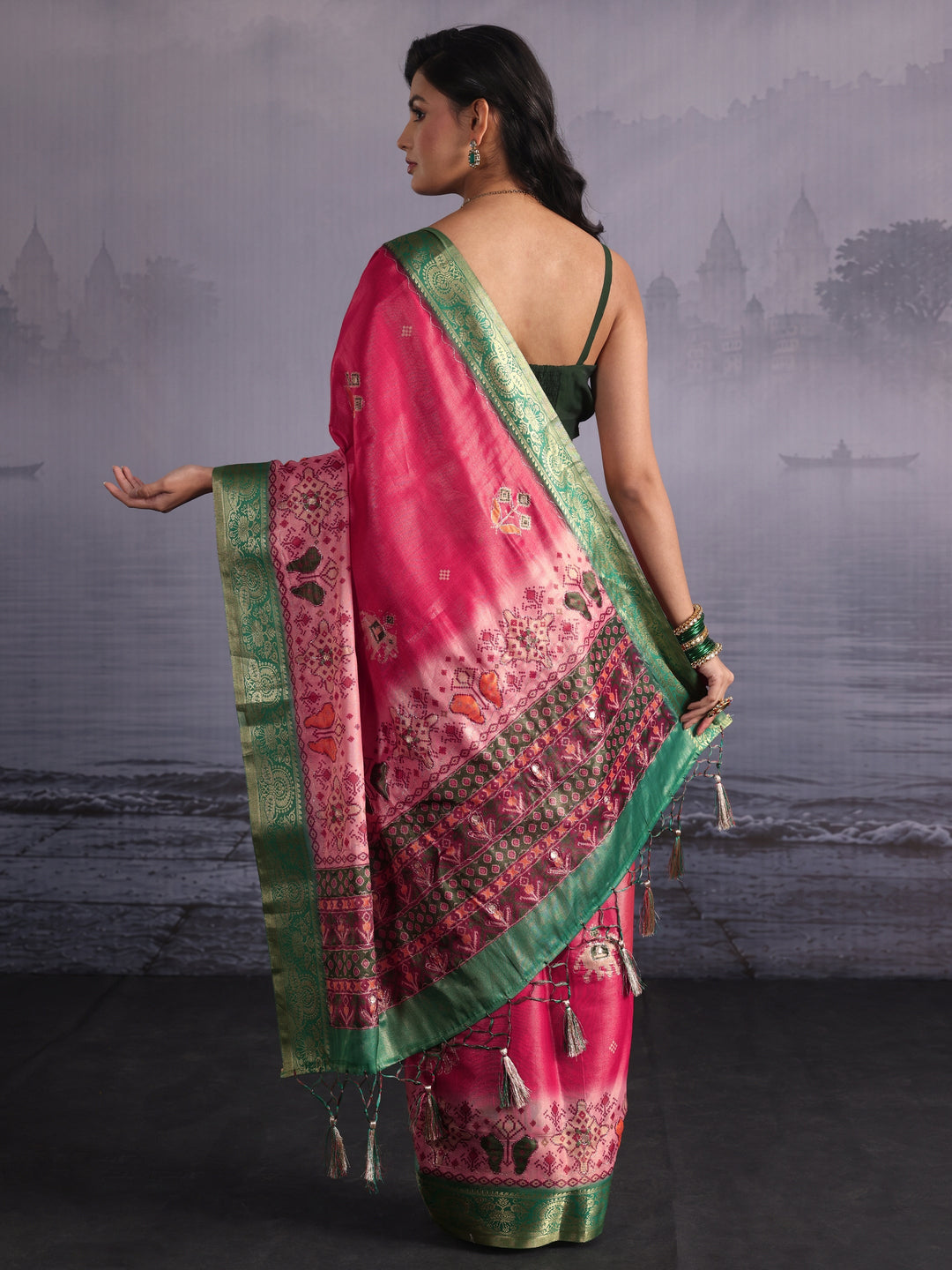  Libas Pink Patola Print Embellished Silk Blend Tassel Saree 