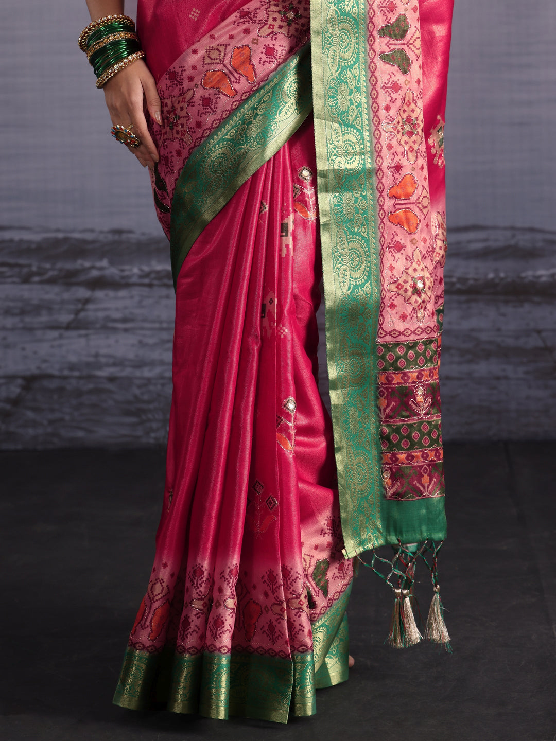  Libas Pink Patola Print Embellished Silk Blend Tassel Saree 