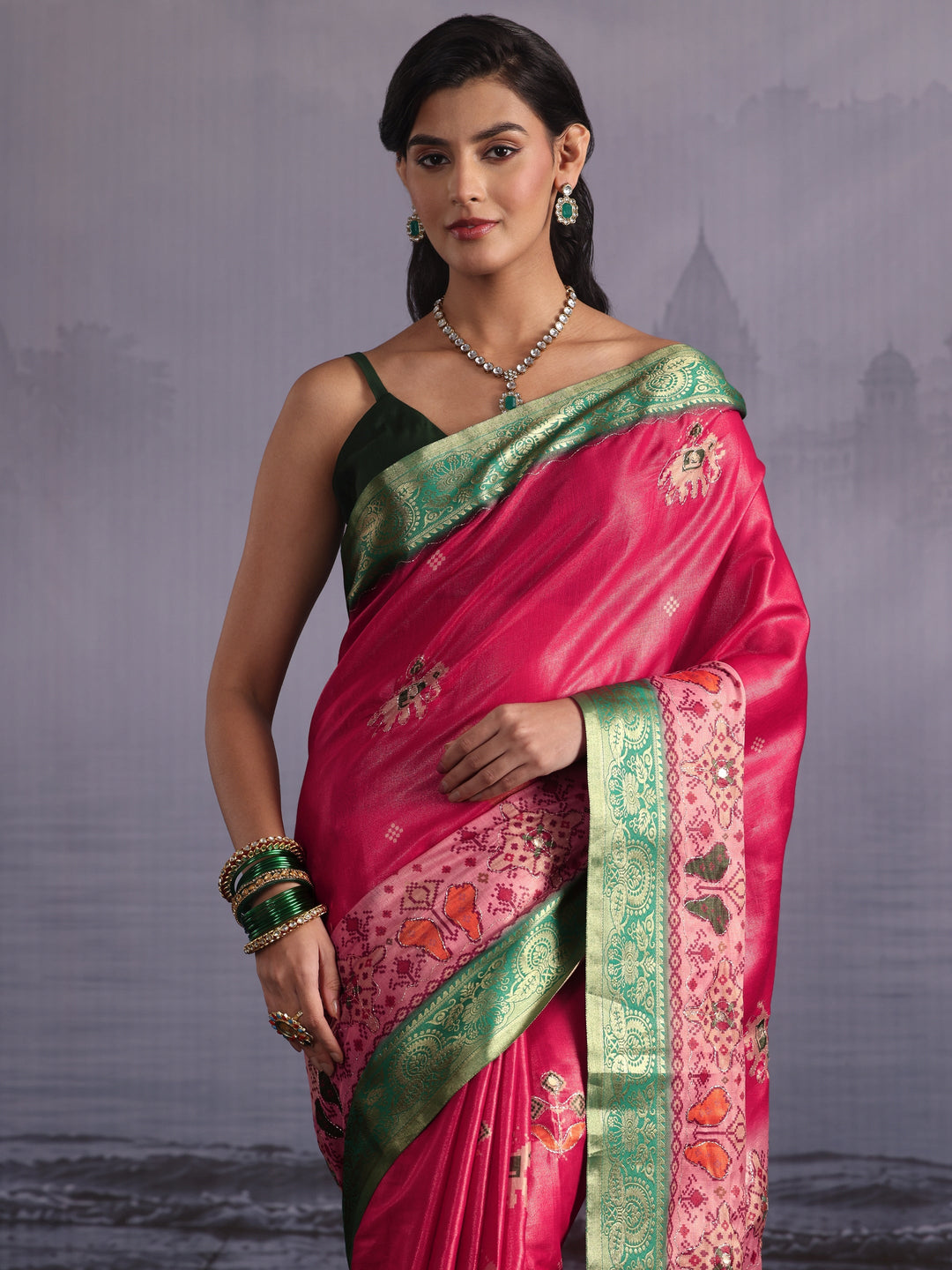  Libas Pink Patola Print Embellished Silk Blend Tassel Saree 