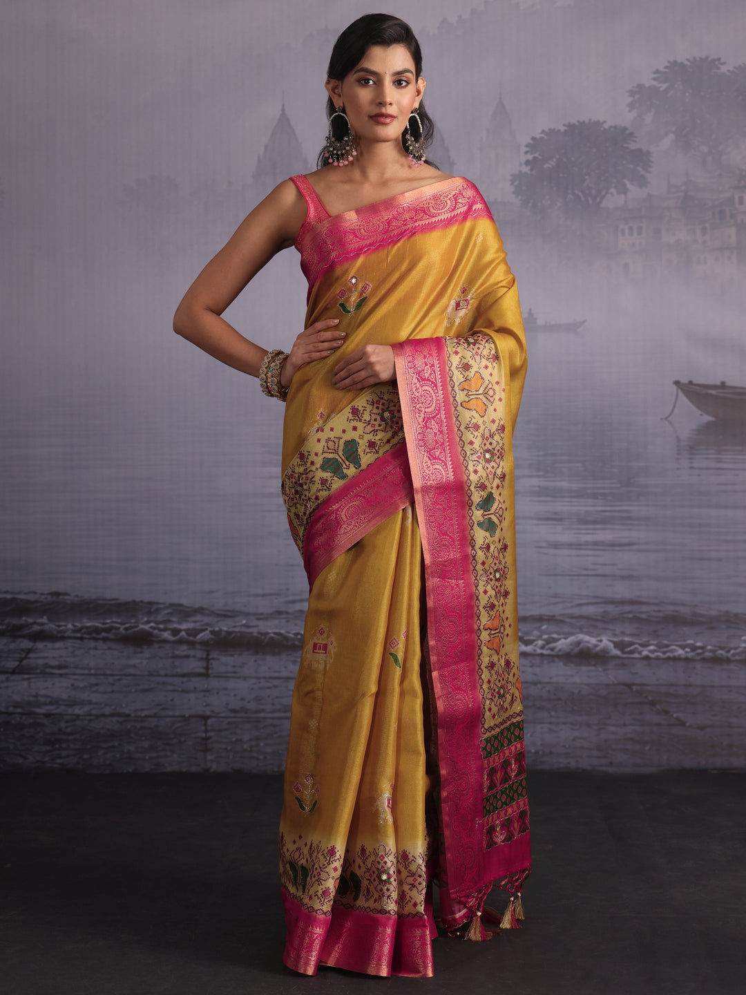 Libas Mustard Patola Print Embellished Silk Blend Tassel Saree 