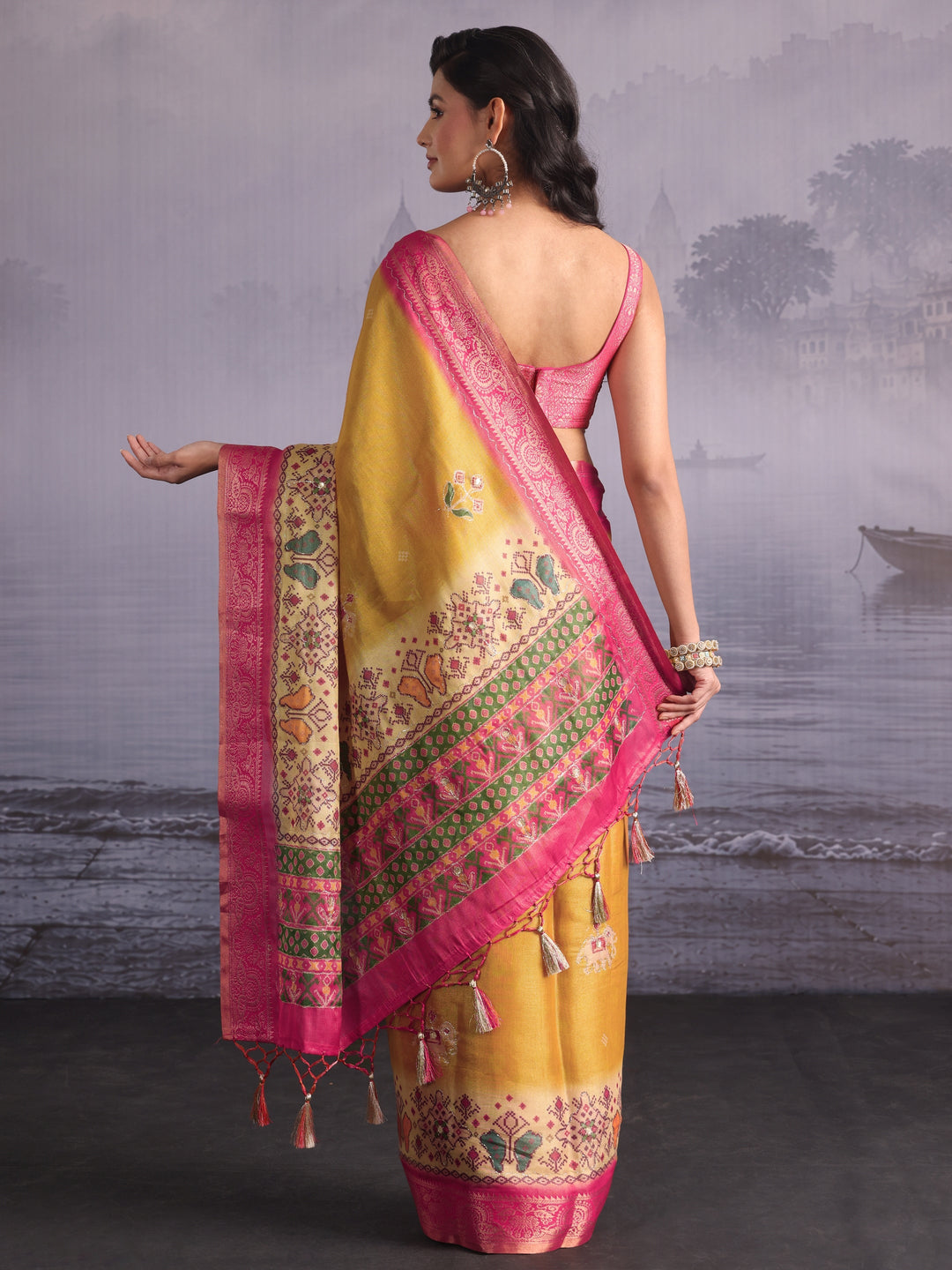  Libas Mustard Patola Print Embellished Silk Blend Tassel Saree 