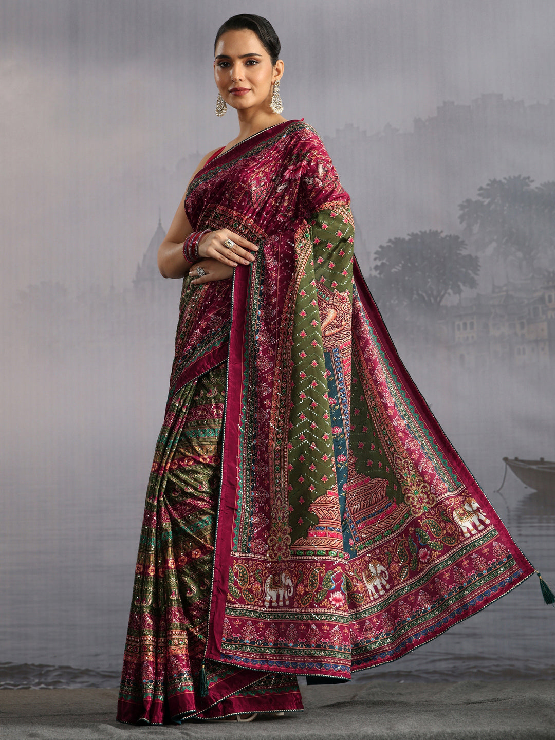  Libas Multicolour Mughal Print Sequin Satin Saree 
