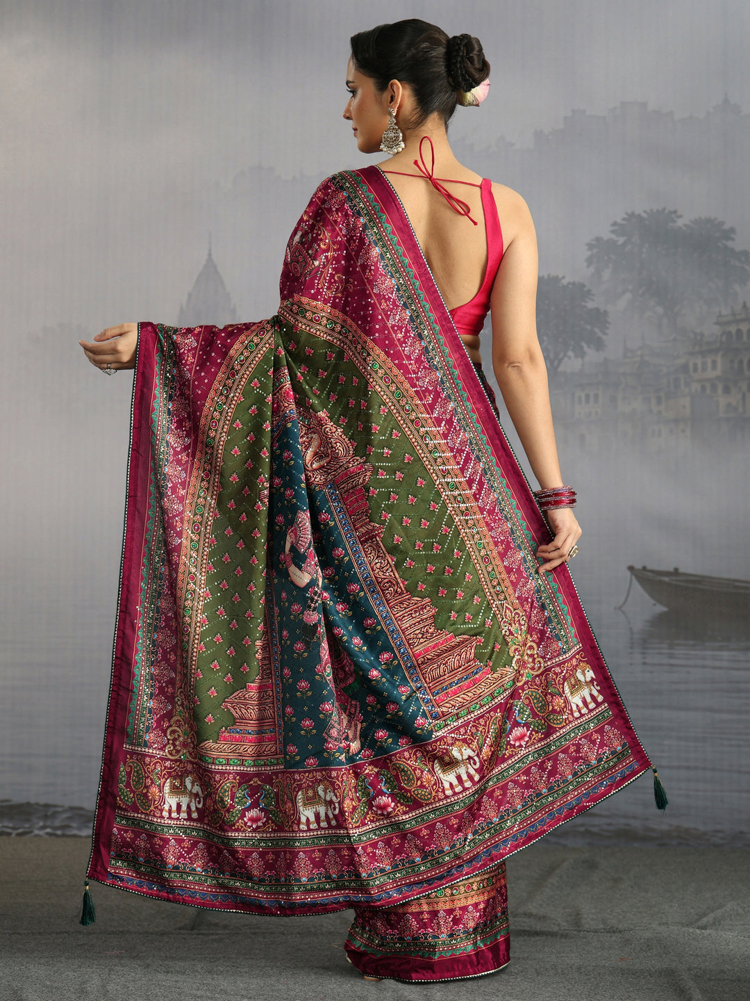  Libas Multicolour Mughal Print Sequin Satin Saree 