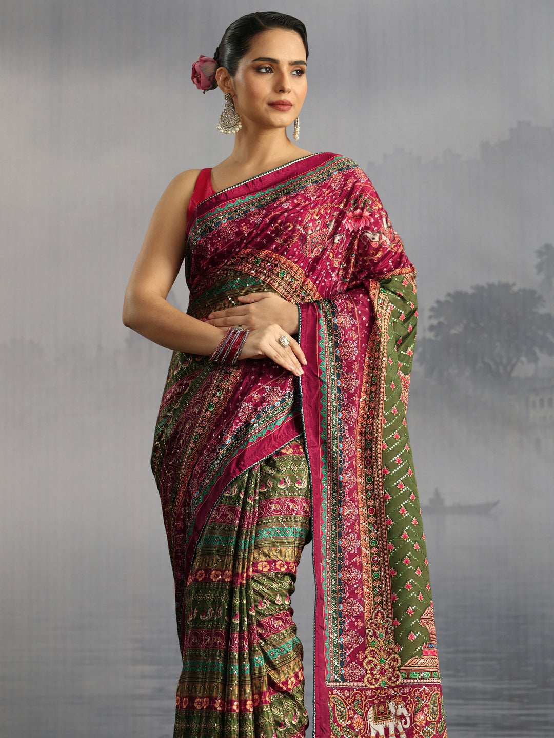  Libas Multicolour Mughal Print Sequin Satin Saree 