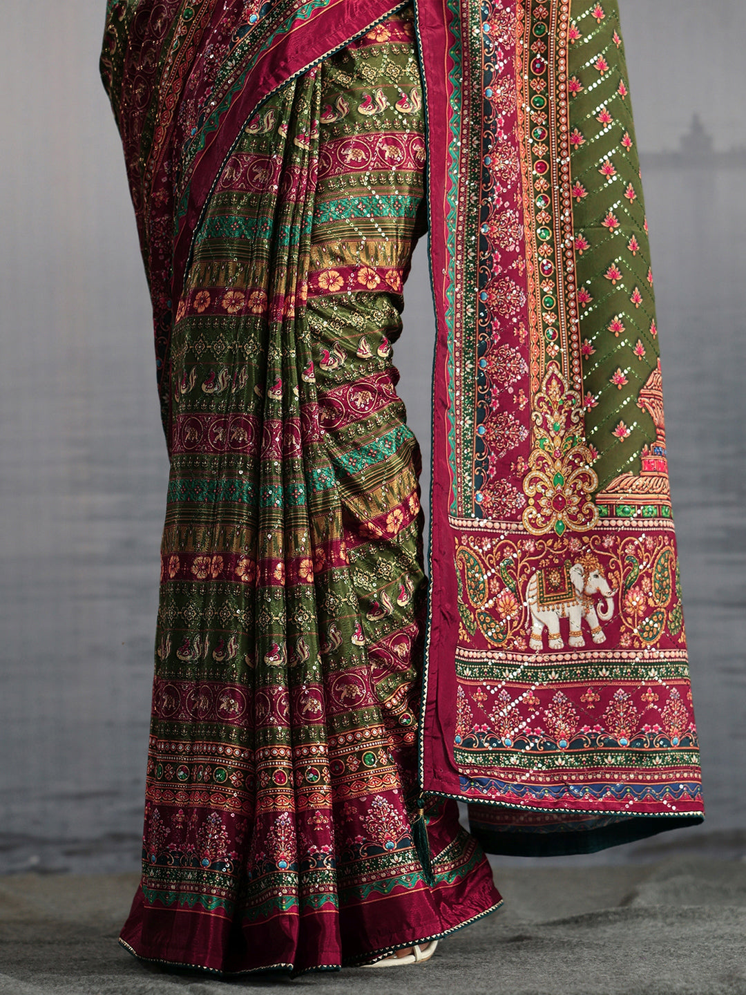  Libas Multicolour Mughal Print Sequin Satin Saree 