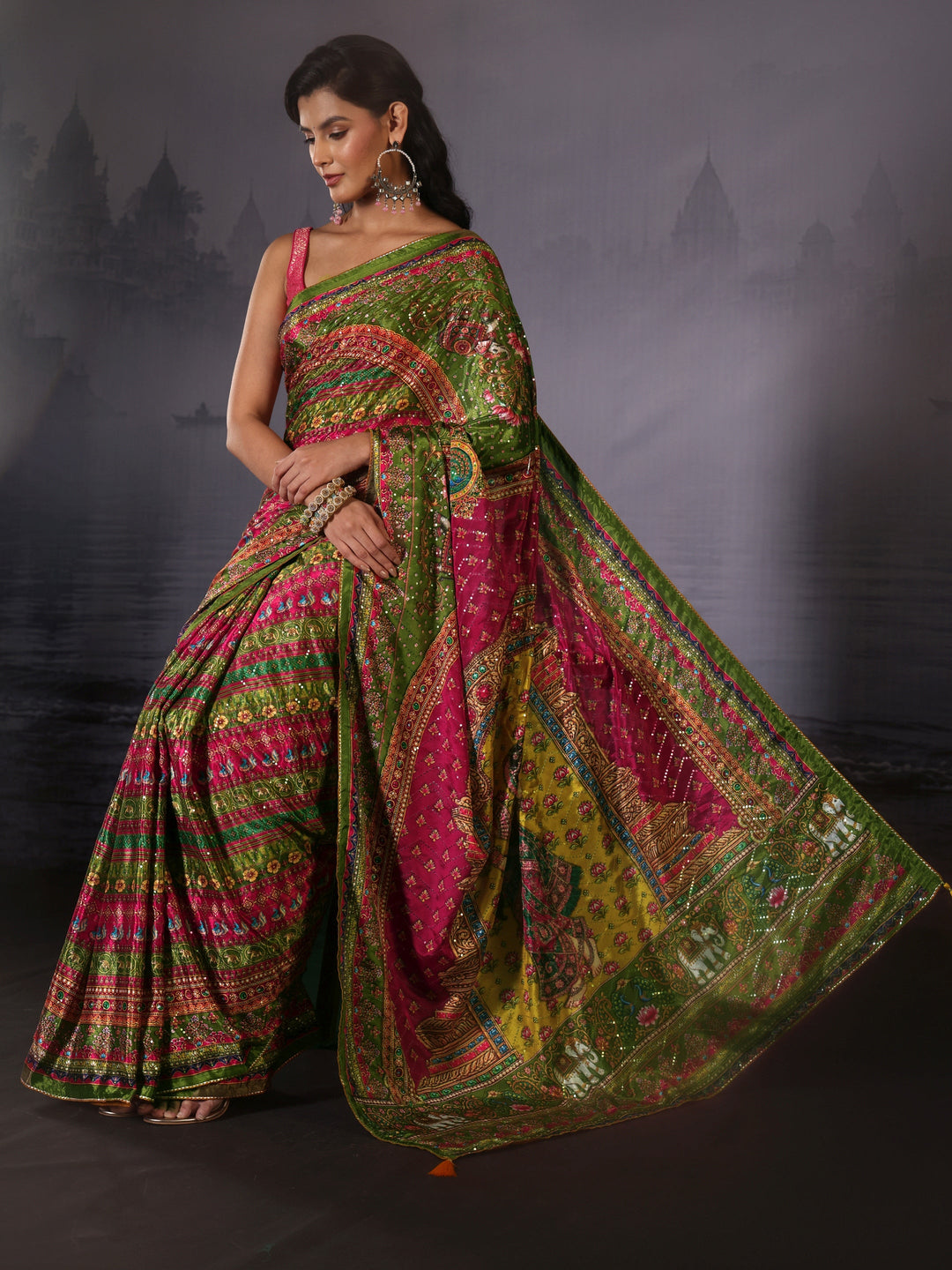  Libas Multicolour Print Sequined Satin Saree 