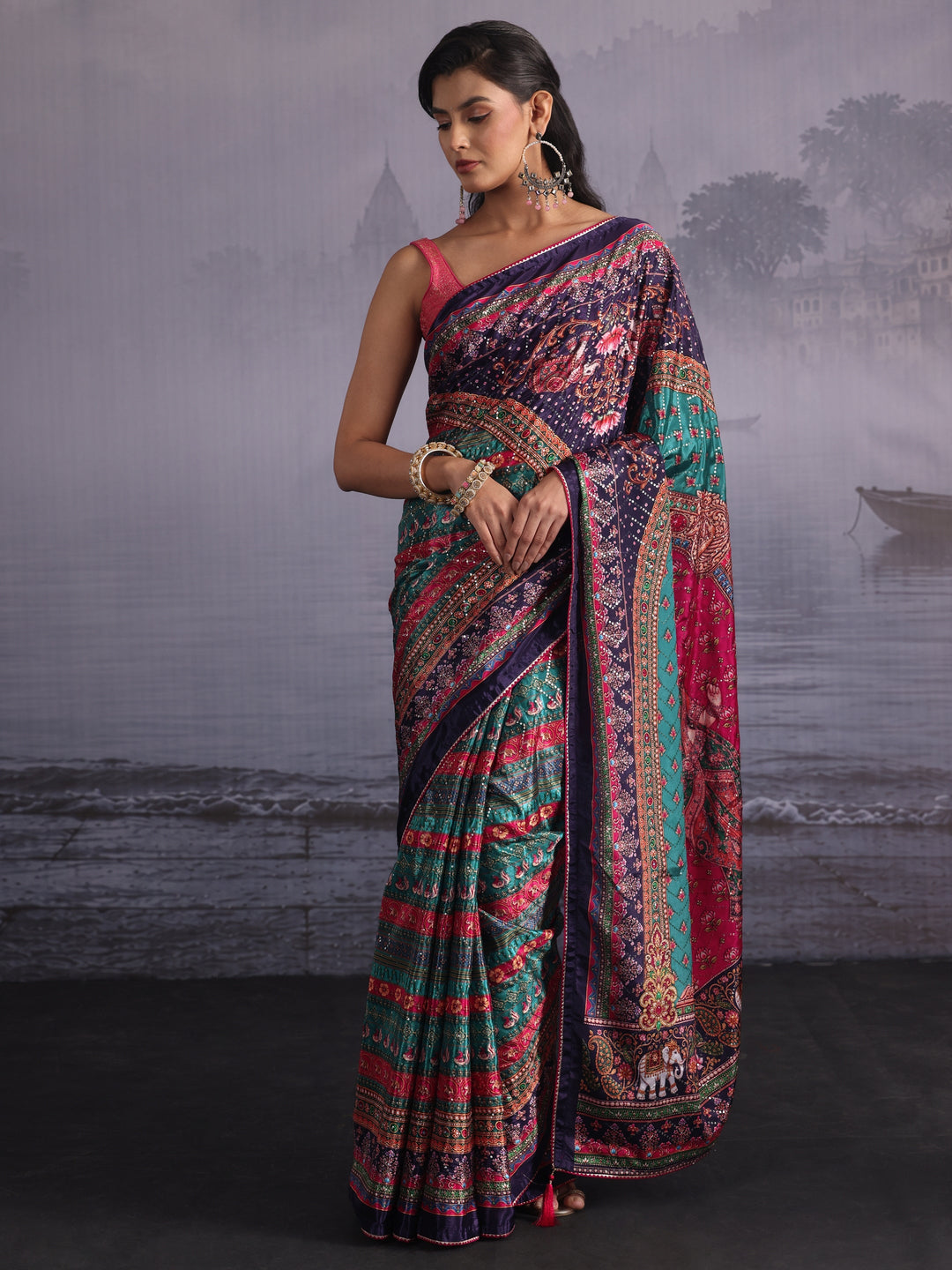  Libas Multicolour Print Sequined Satin Saree 