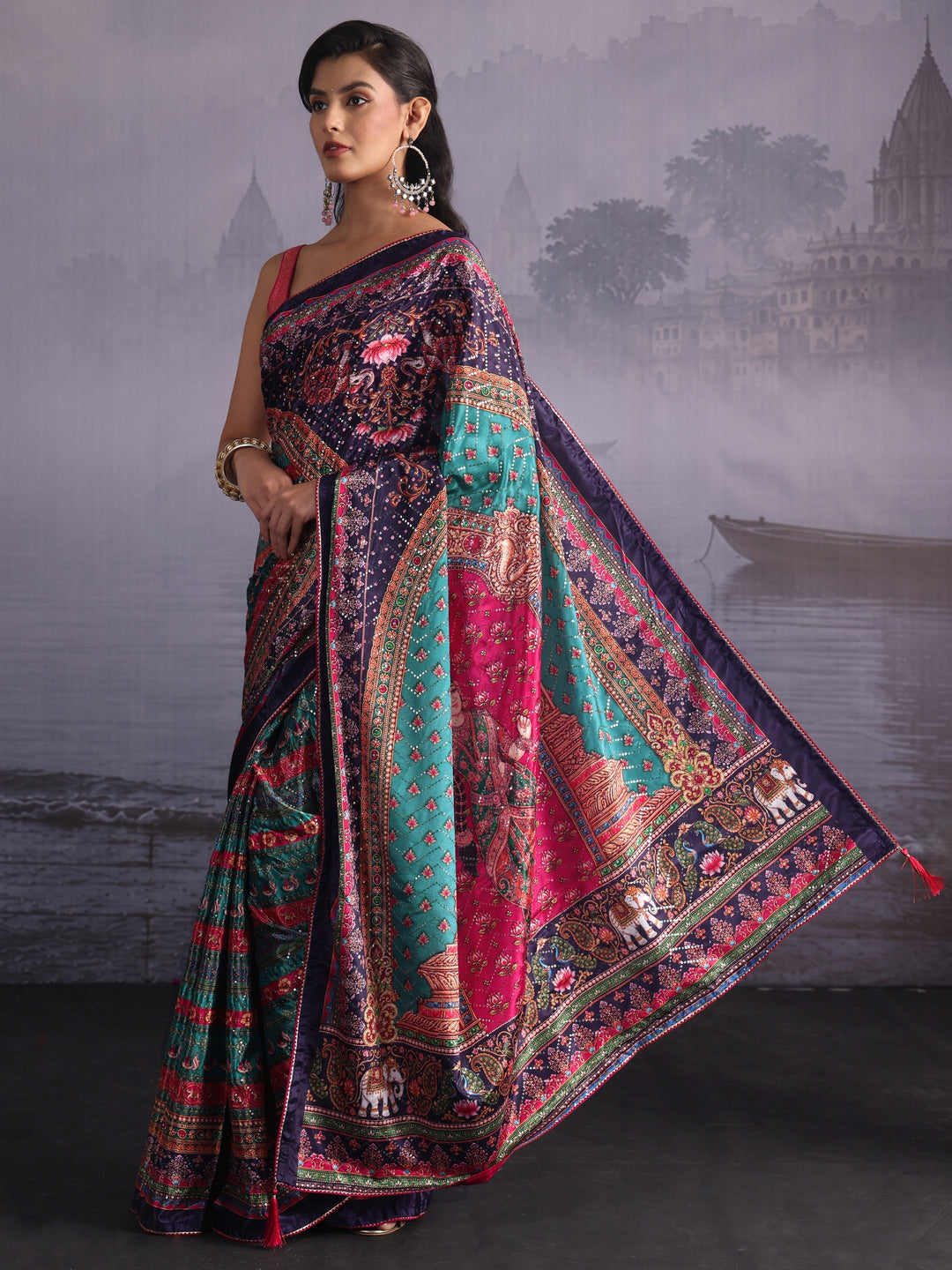  Libas Multicolour Print Sequined Satin Saree 