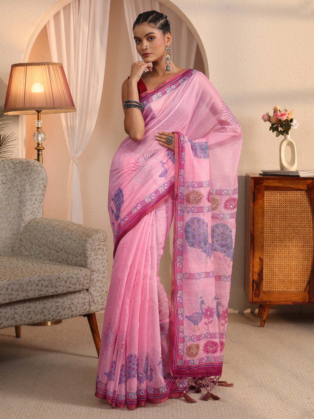  Libas Pink Ethnic Printed Silk Blend Tassel Saree 