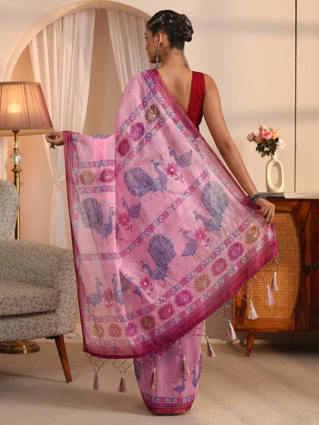 Libas Pink Ethnic Printed Silk Blend Tassel Saree 