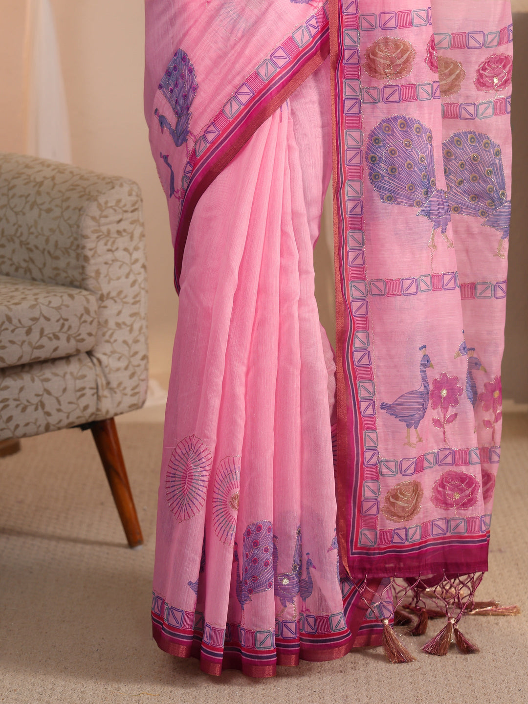  Libas Pink Ethnic Printed Silk Blend Tassel Saree 