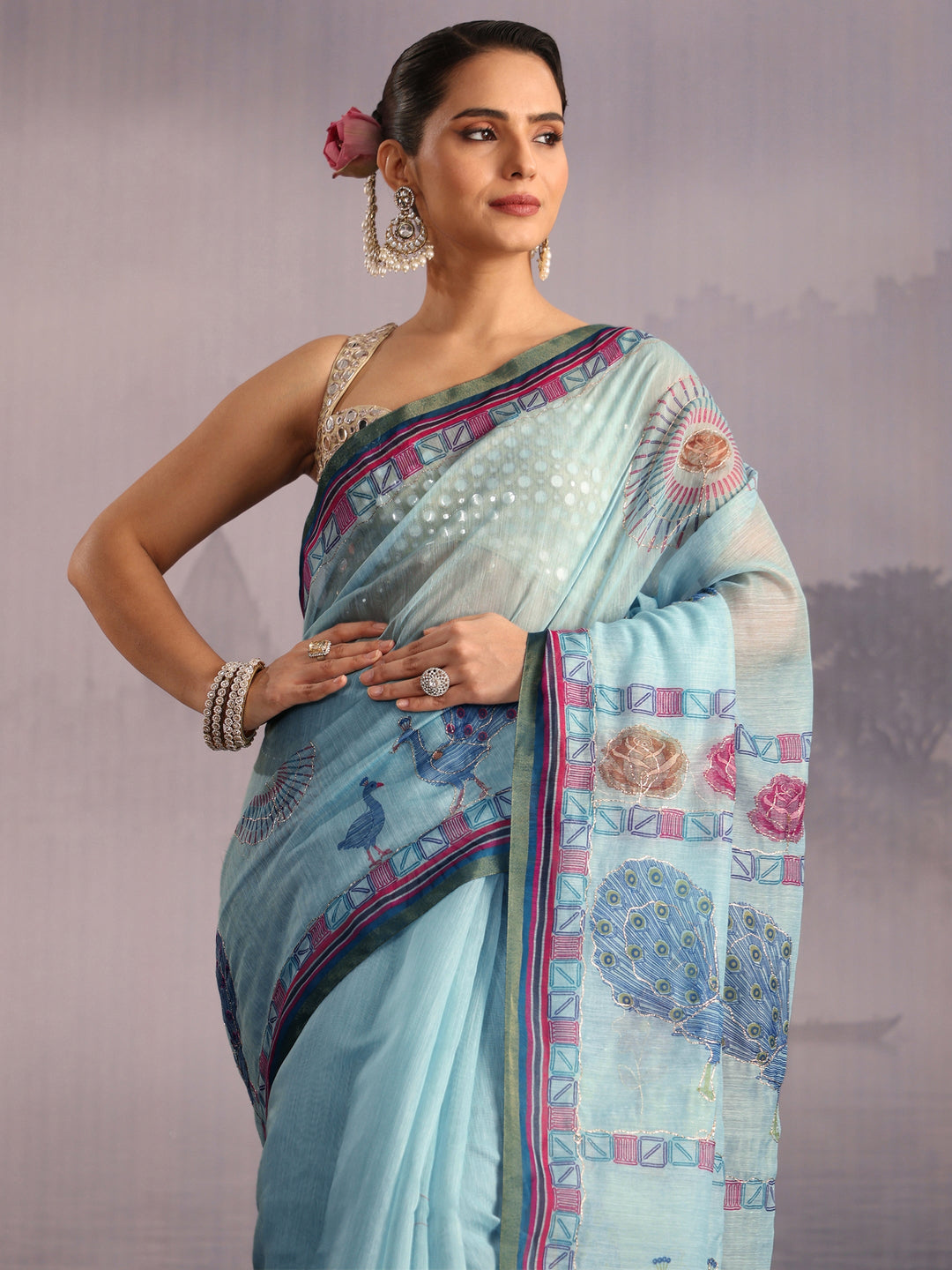  Libas Sky Blue Peacock Printed Silk Blend Tassel Saree 