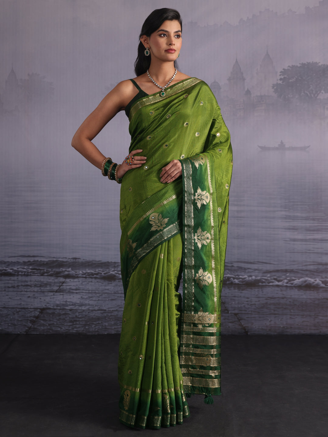  Libas Green Mirror Work Silk Blend Saree with Woven Floral Border 