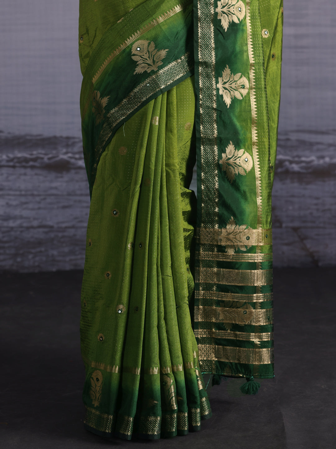  Libas Green Mirror Work Silk Blend Saree with Woven Floral Border 