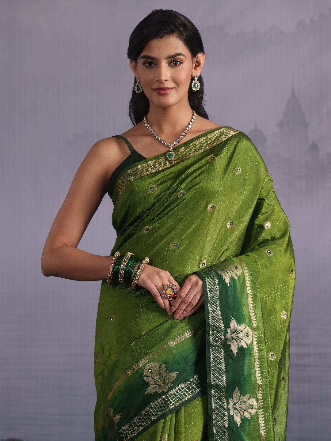  Libas Green Mirror Work Silk Blend Saree with Woven Floral Border 