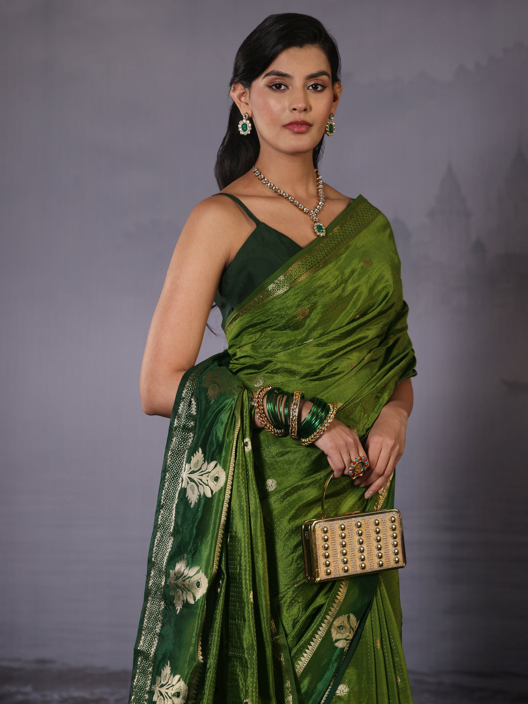  Libas Green Mirror Work Silk Blend Saree with Woven Floral Border 