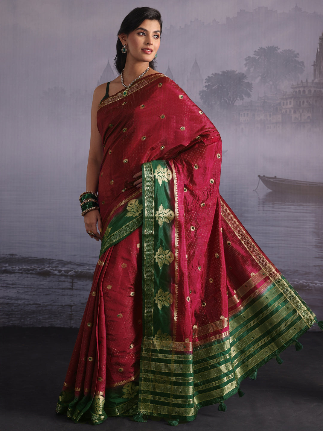  Libas Red Mirror Work Silk Blend Saree with Woven Floral Border 