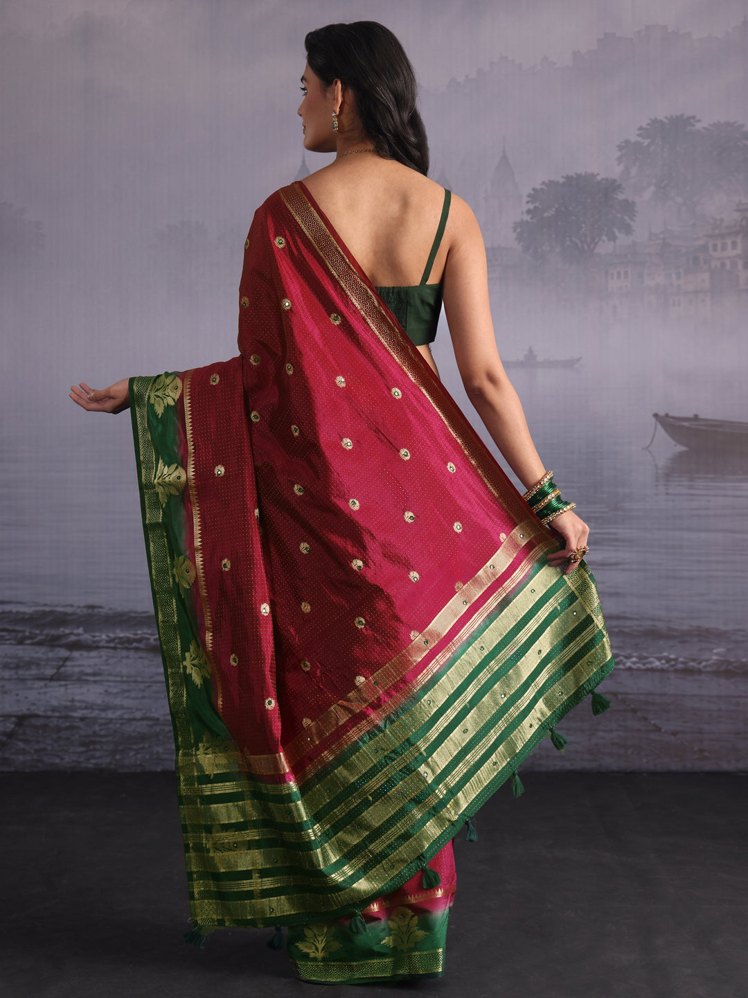  Libas Red Mirror Work Silk Blend Saree with Woven Floral Border 