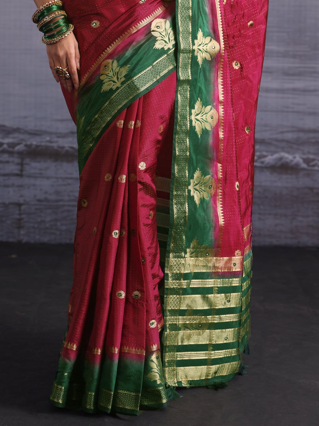  Libas Red Mirror Work Silk Blend Saree with Woven Floral Border 