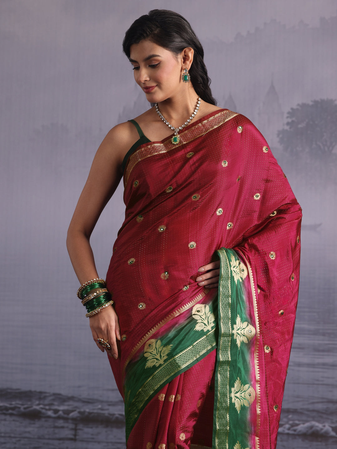 Libas Red Mirror Work Silk Blend Saree with Woven Floral Border 