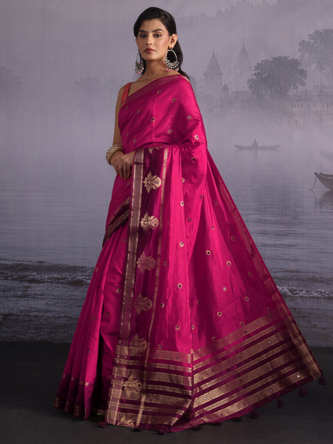  Libas Rose Pink Mirror Work Silk Blend Saree with Woven Floral Border 