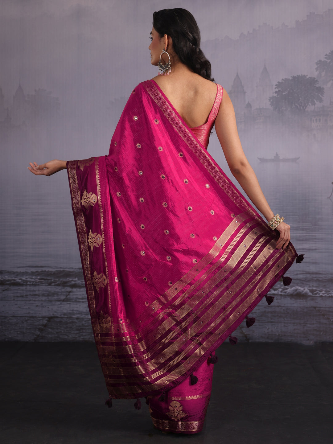  Libas Rose Pink Mirror Work Silk Blend Saree with Woven Floral Border 