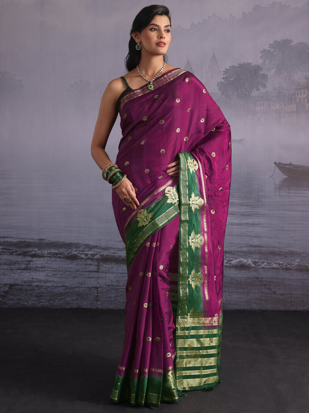  Libas Purple Mirror Work Silk Blend Saree with Woven Floral Border 