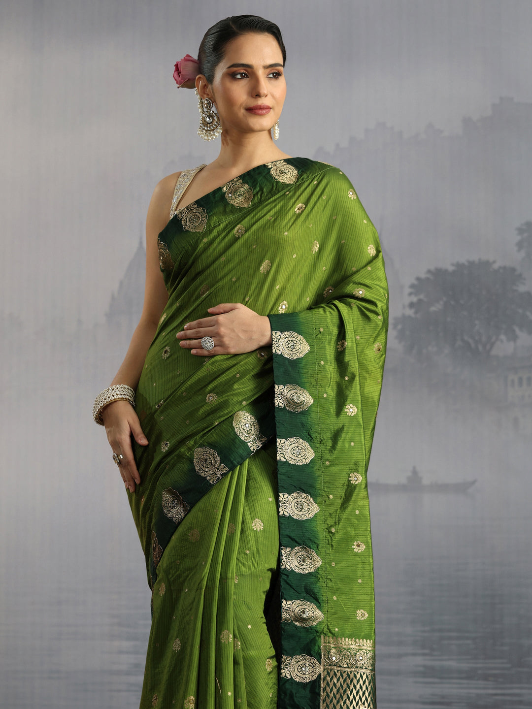  Libas Green Mirror Work Embellished Silk Blend Saree 
