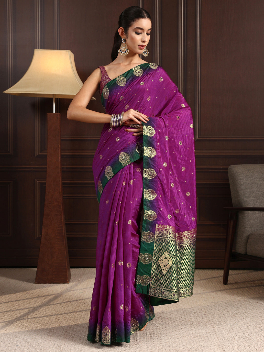  Libas Purple Silk Blend Saree with Zari Woven Floral Motif Border 