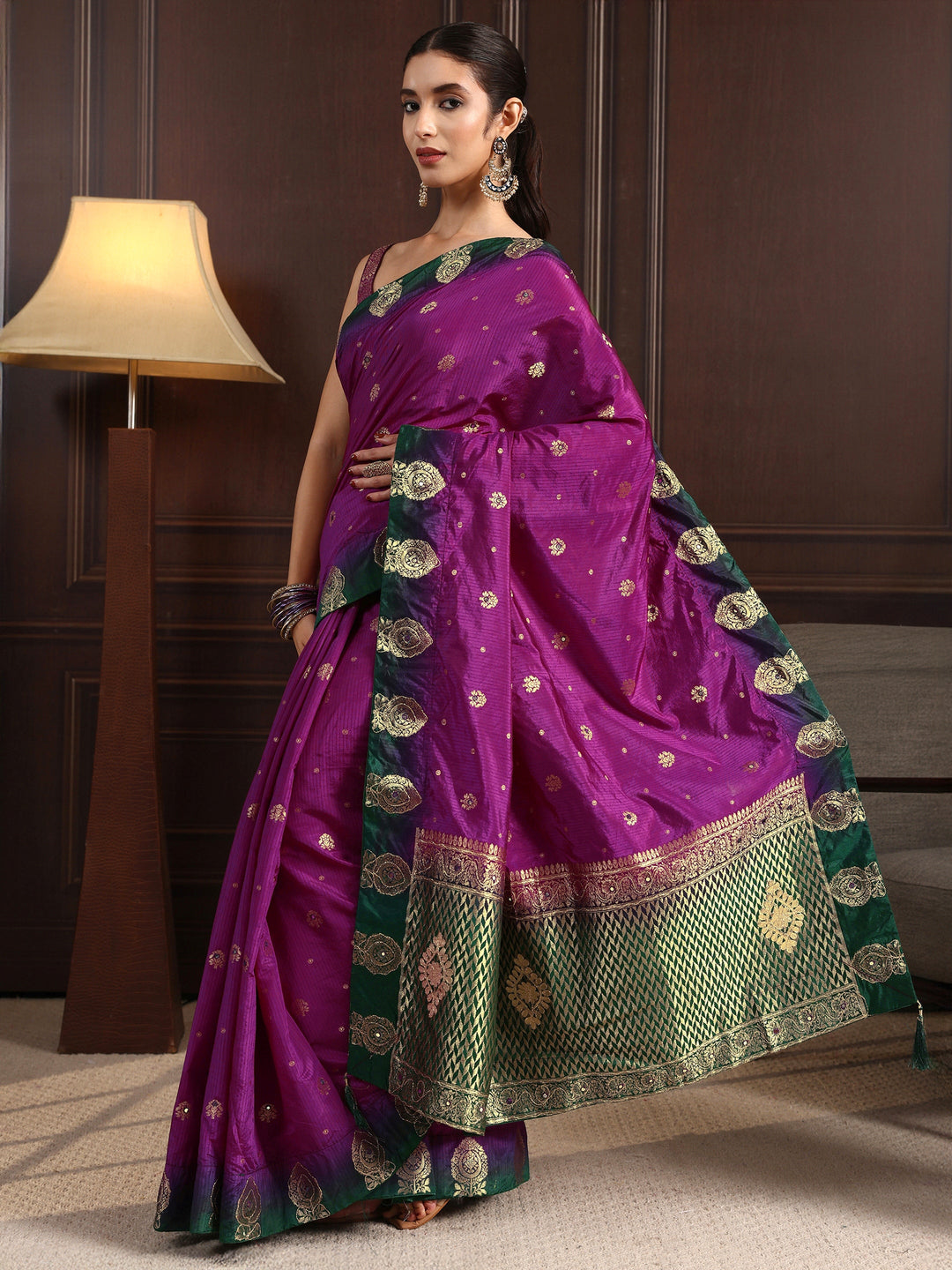  Libas Purple Silk Blend Saree with Zari Woven Floral Motif Border 