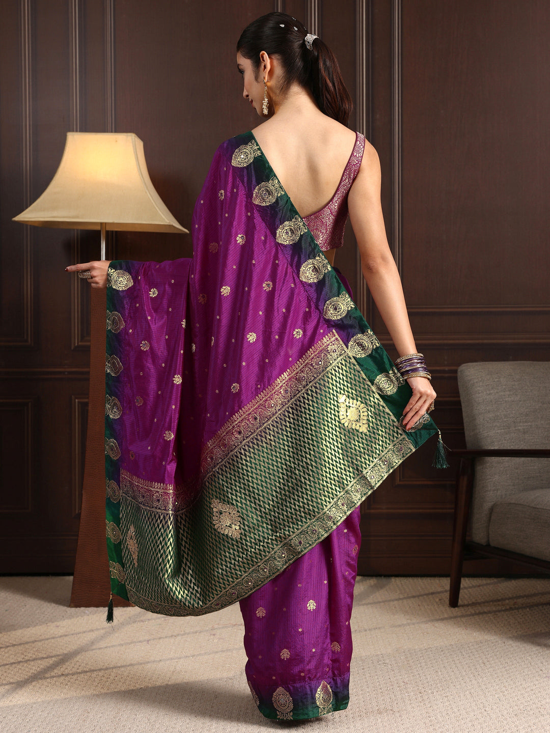  Libas Purple Silk Blend Saree with Zari Woven Floral Motif Border 