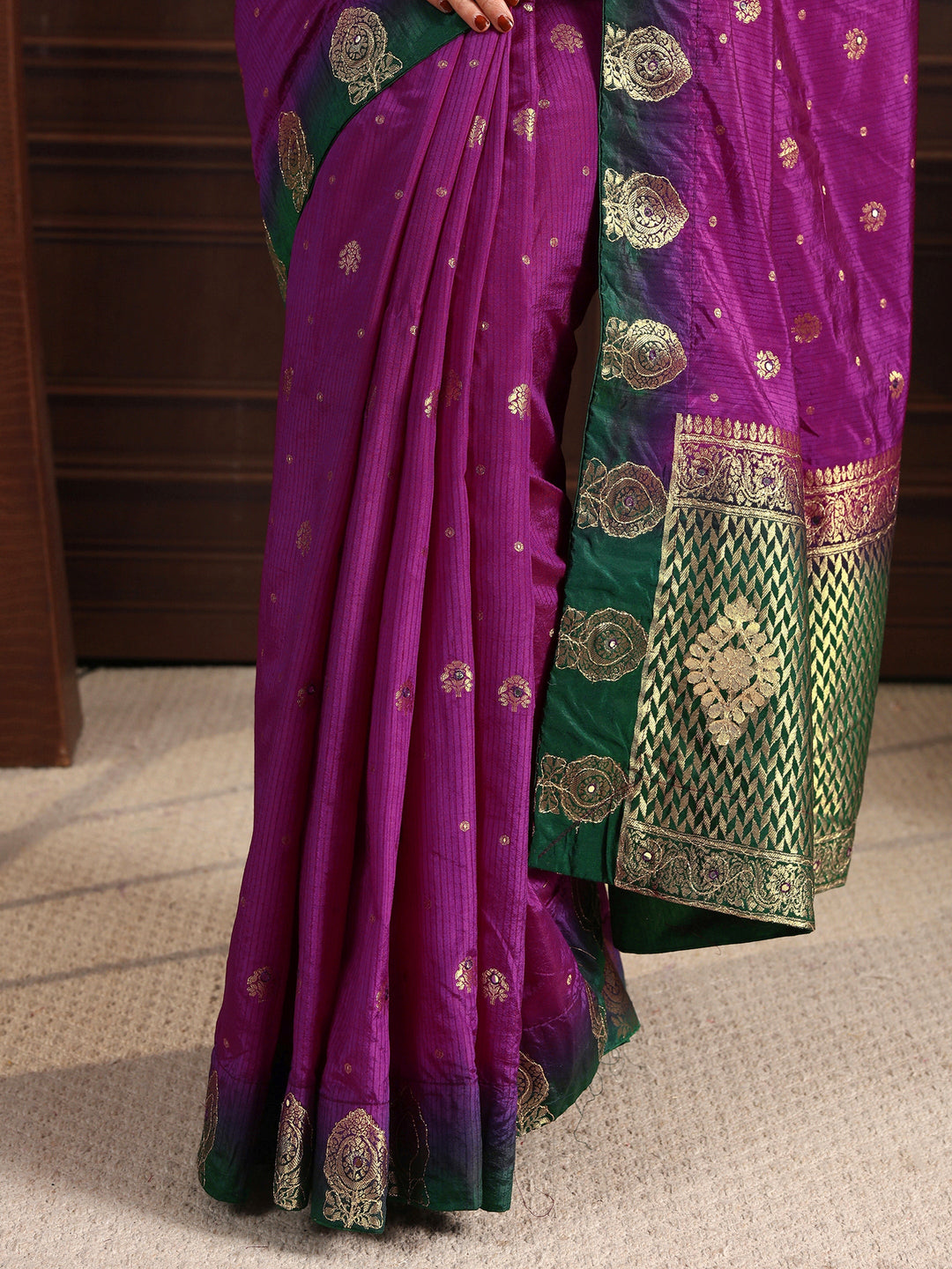 Libas Purple Silk Blend Saree with Zari Woven Floral Motif Border 