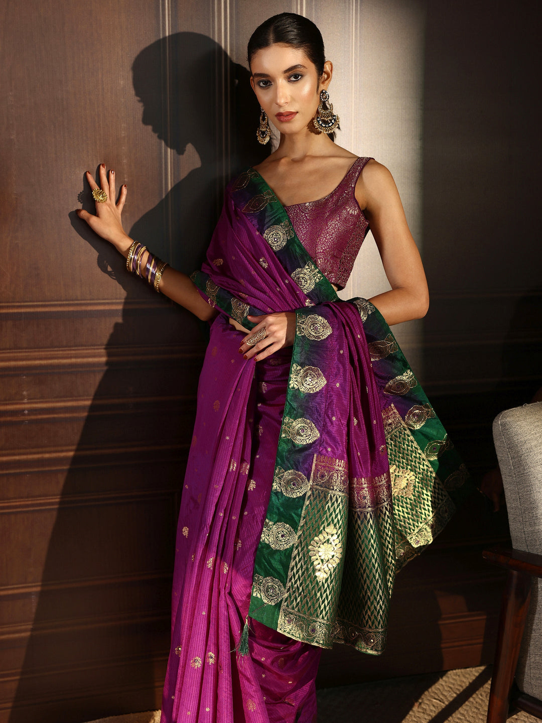  Libas Purple Silk Blend Saree with Zari Woven Floral Motif Border 