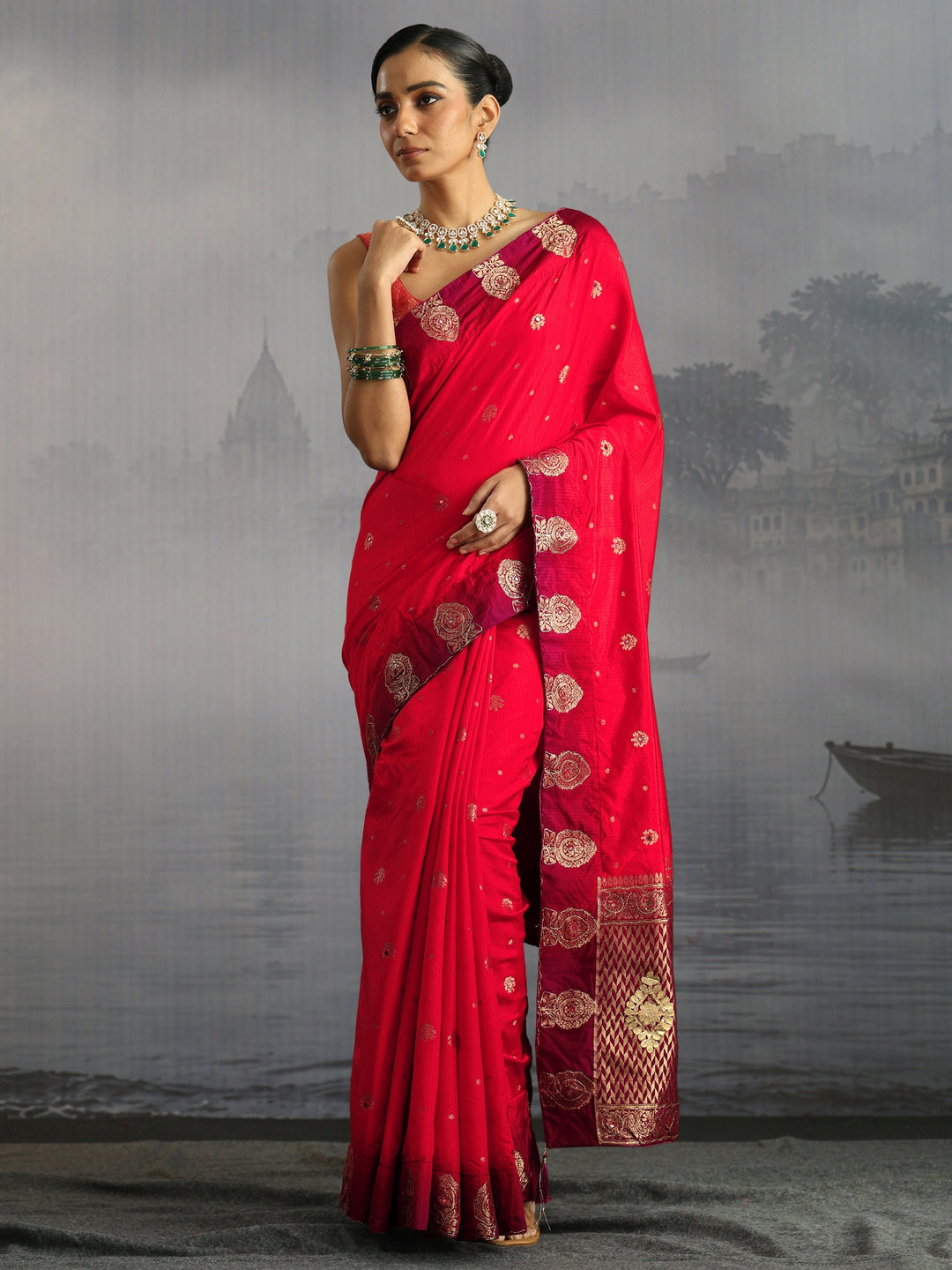  Libas Red Mirror Work Embellished Silk Blend Saree 