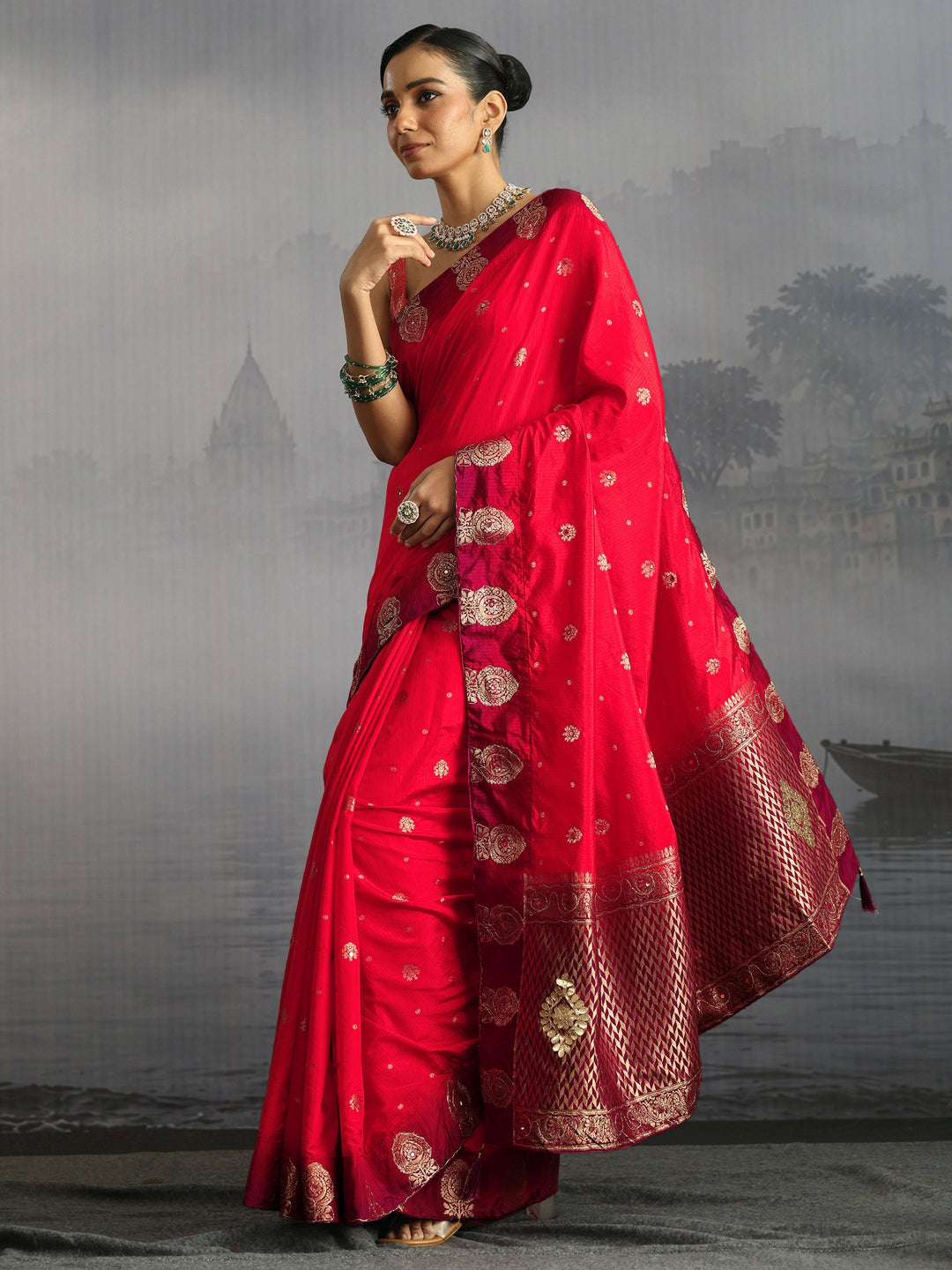  Libas Red Mirror Work Embellished Silk Blend Saree 