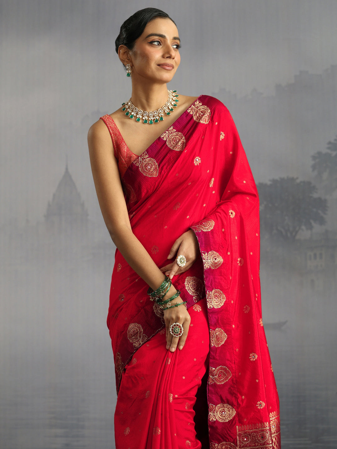  Libas Red Mirror Work Embellished Silk Blend Saree 