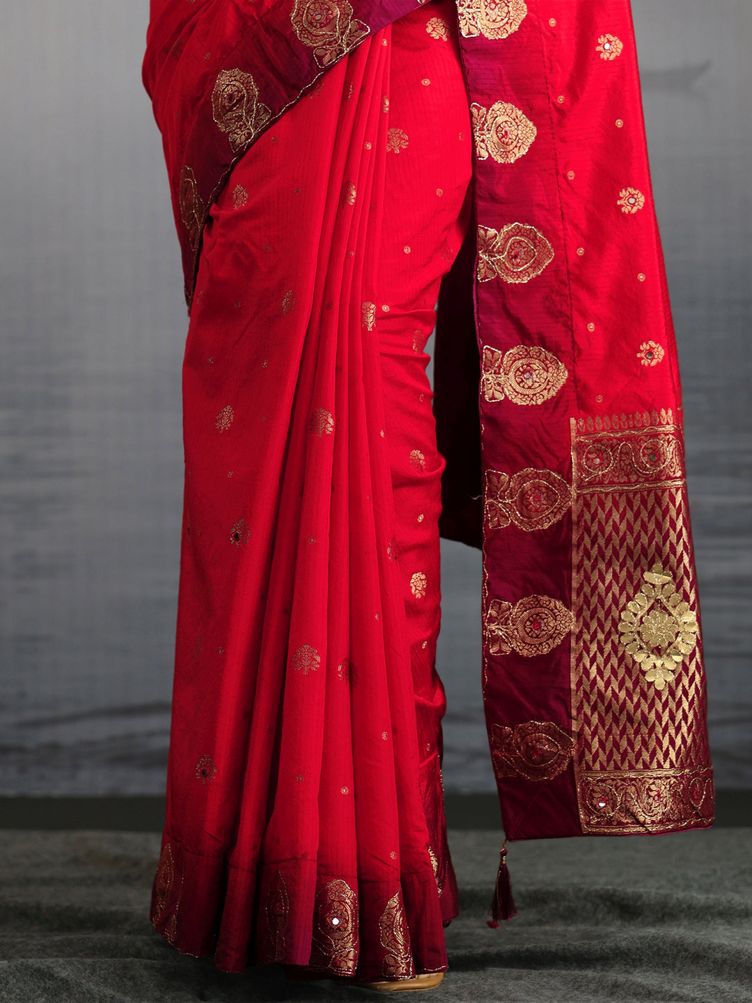  Libas Red Mirror Work Embellished Silk Blend Saree 