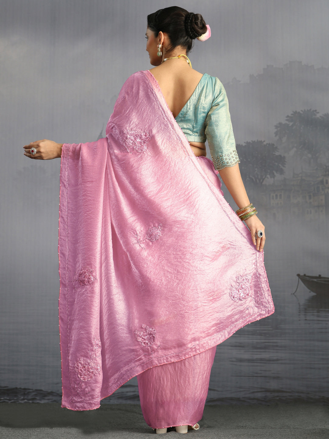  Libas Pink Floral Embellished Tissue Saree 