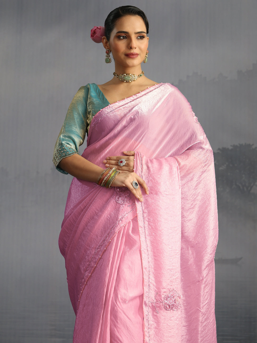  Libas Pink Floral Embellished Tissue Saree 
