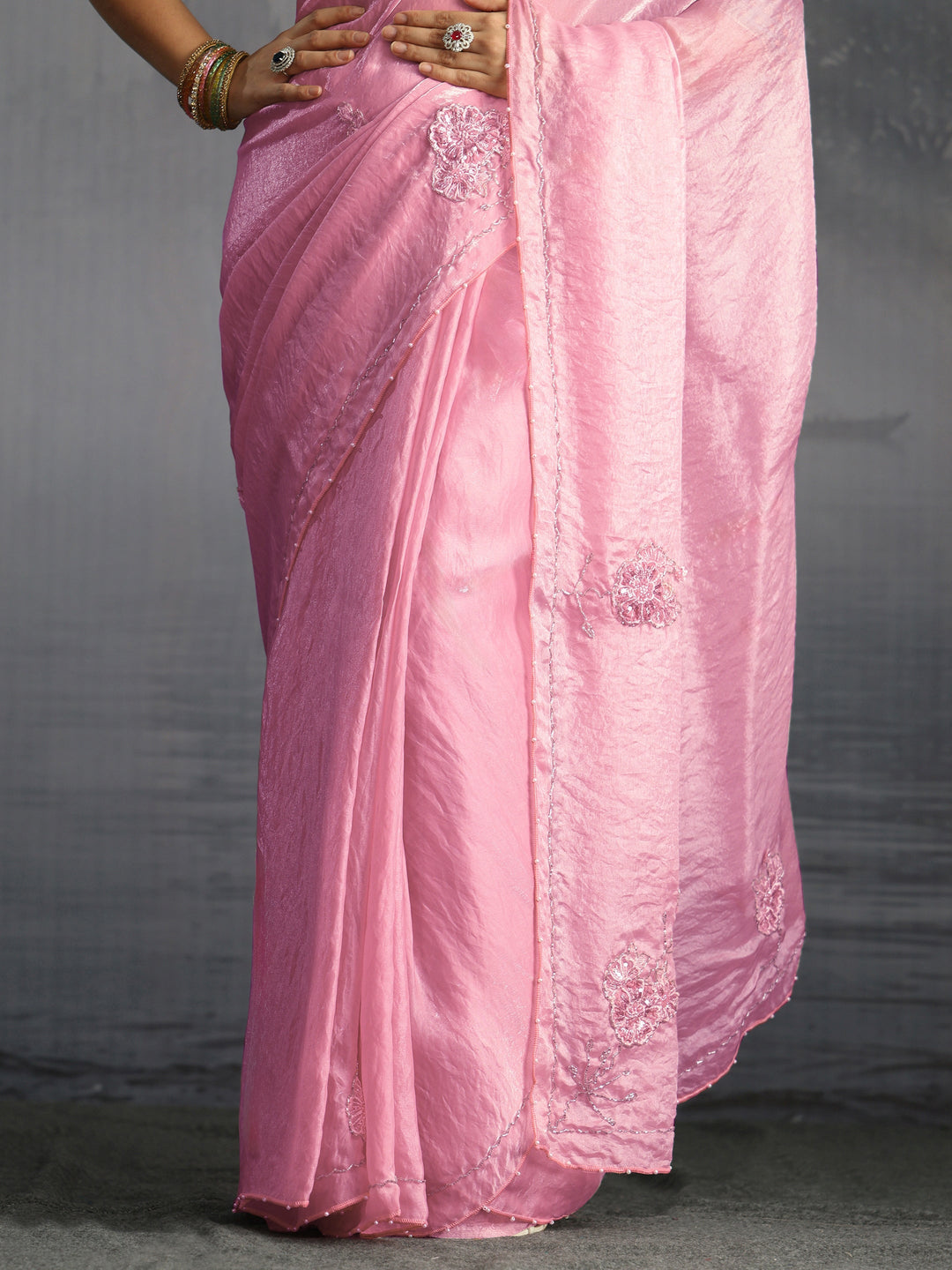 Libas Pink Floral Embellished Tissue Saree 