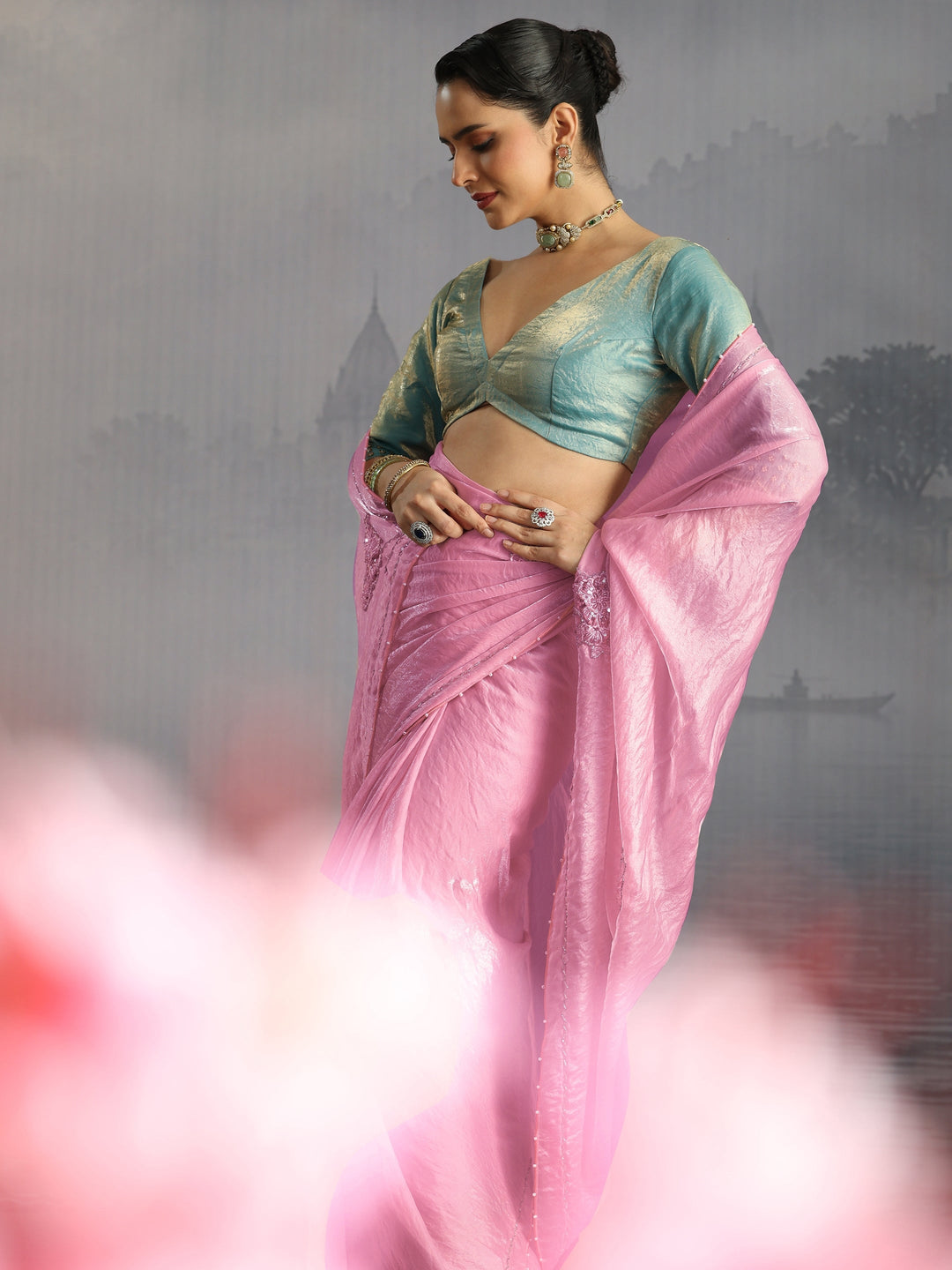 Libas Pink Floral Embellished Tissue Saree 