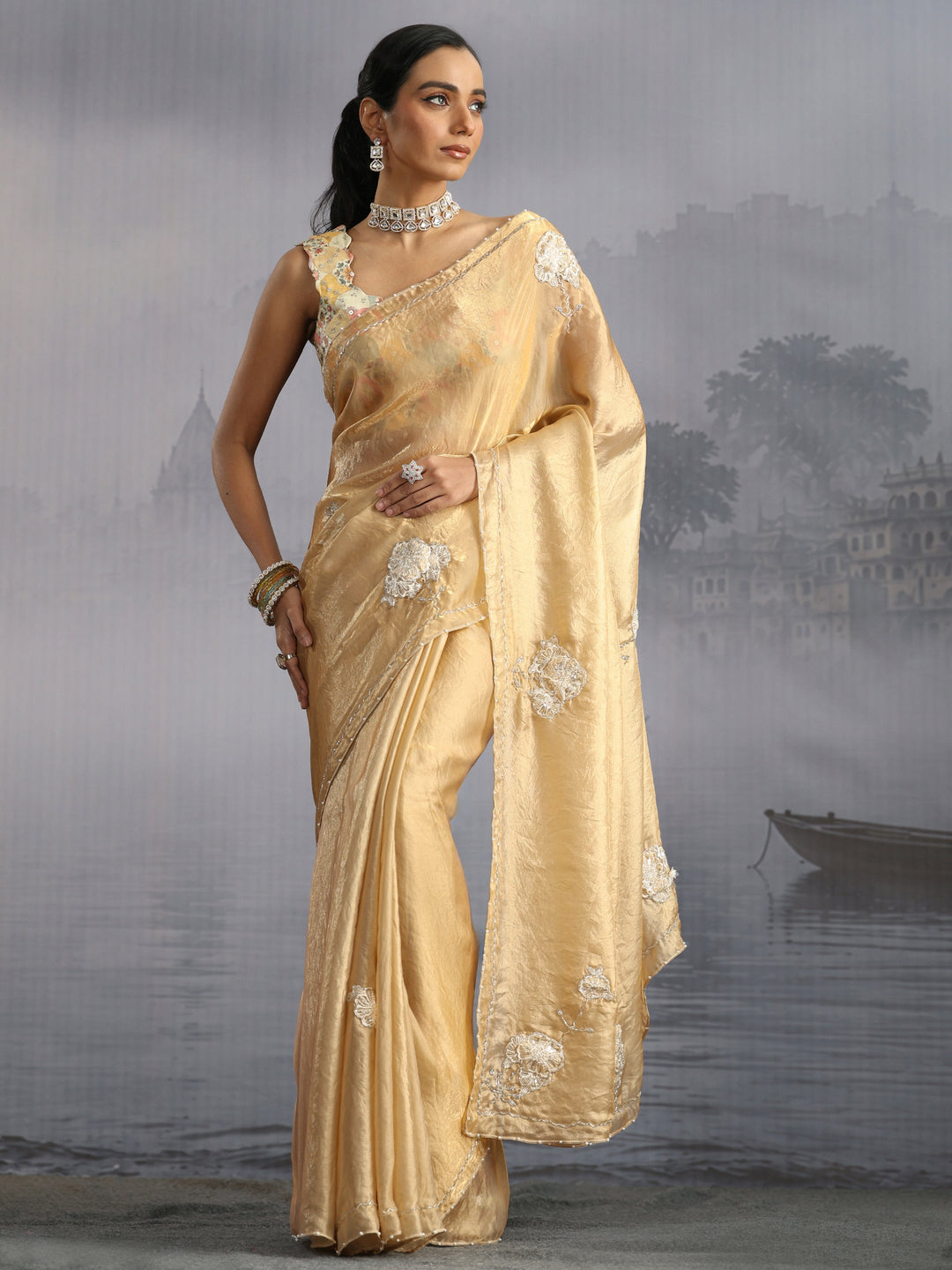  Libas Golden Floral Embellished Tissue Saree 